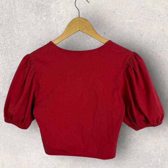 Aritzia Red Puff Sleeve Tie Front Crop‎ Top Womens Size Medium Sunday Best 77868 - Picture 15 of 15